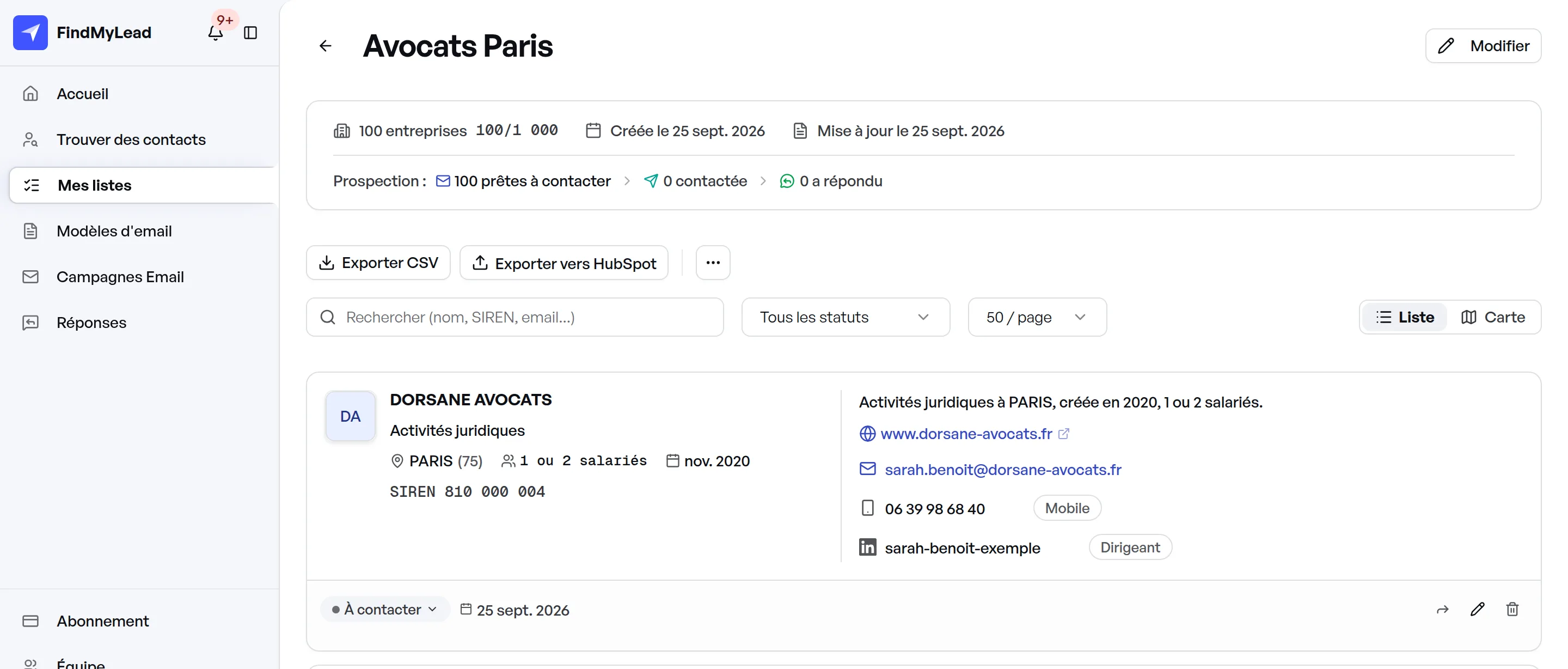La liste des cabinets d'avocats de Paris remplie par l'agent, avec les dirigeants et leurs emails.
