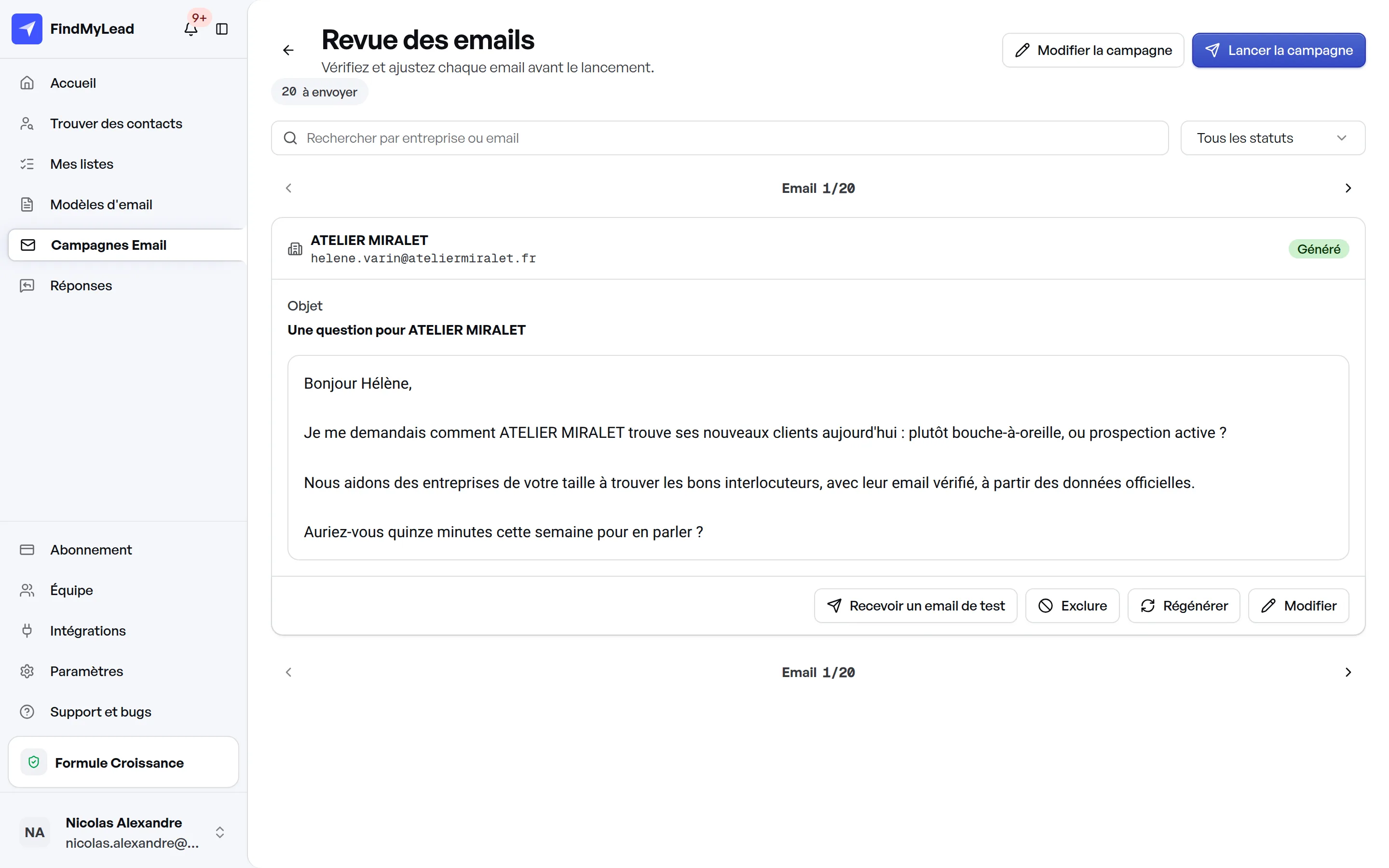 La campagne préparée dans FindMyLead, à relire avant l'envoi.