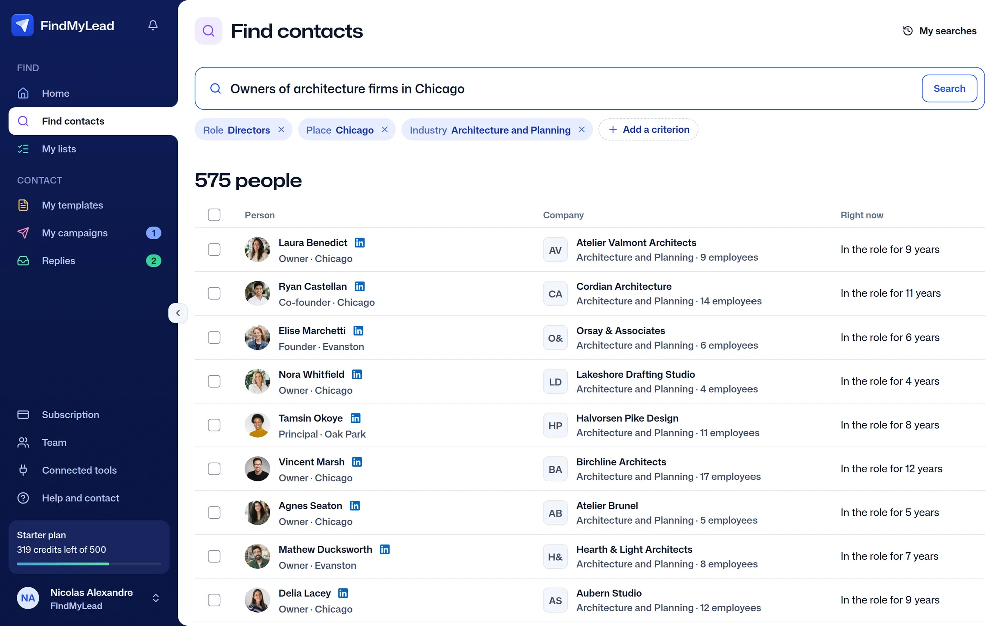 The FindMyLead people search: the sentence “Owners of architecture firms in Chicago” and 575 people found, each with their company and time in post.