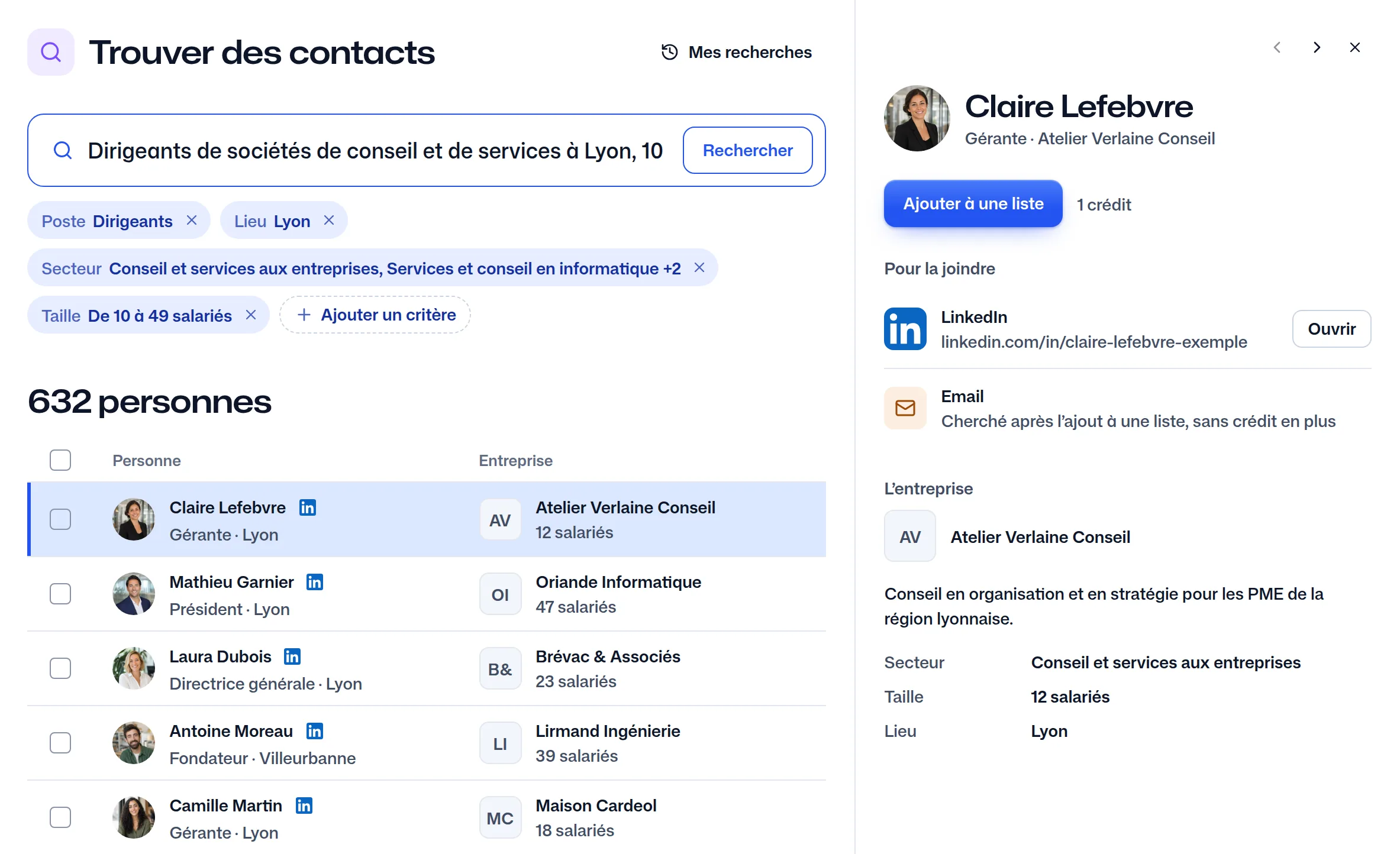 Une personne trouvée, Claire Lefebvre, gérante d'Atelier Verlaine Conseil : son LinkedIn, son email cherché après l'ajout à une liste, et le bouton « Ajouter à une liste » avec la mention « 1 crédit ».