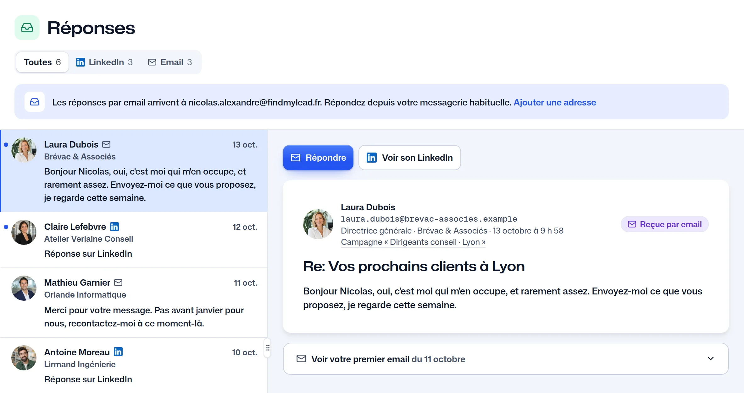 La page Réponses : les réponses par LinkedIn et par email dans une même liste, et la réponse de Laura Dubois ouverte.
