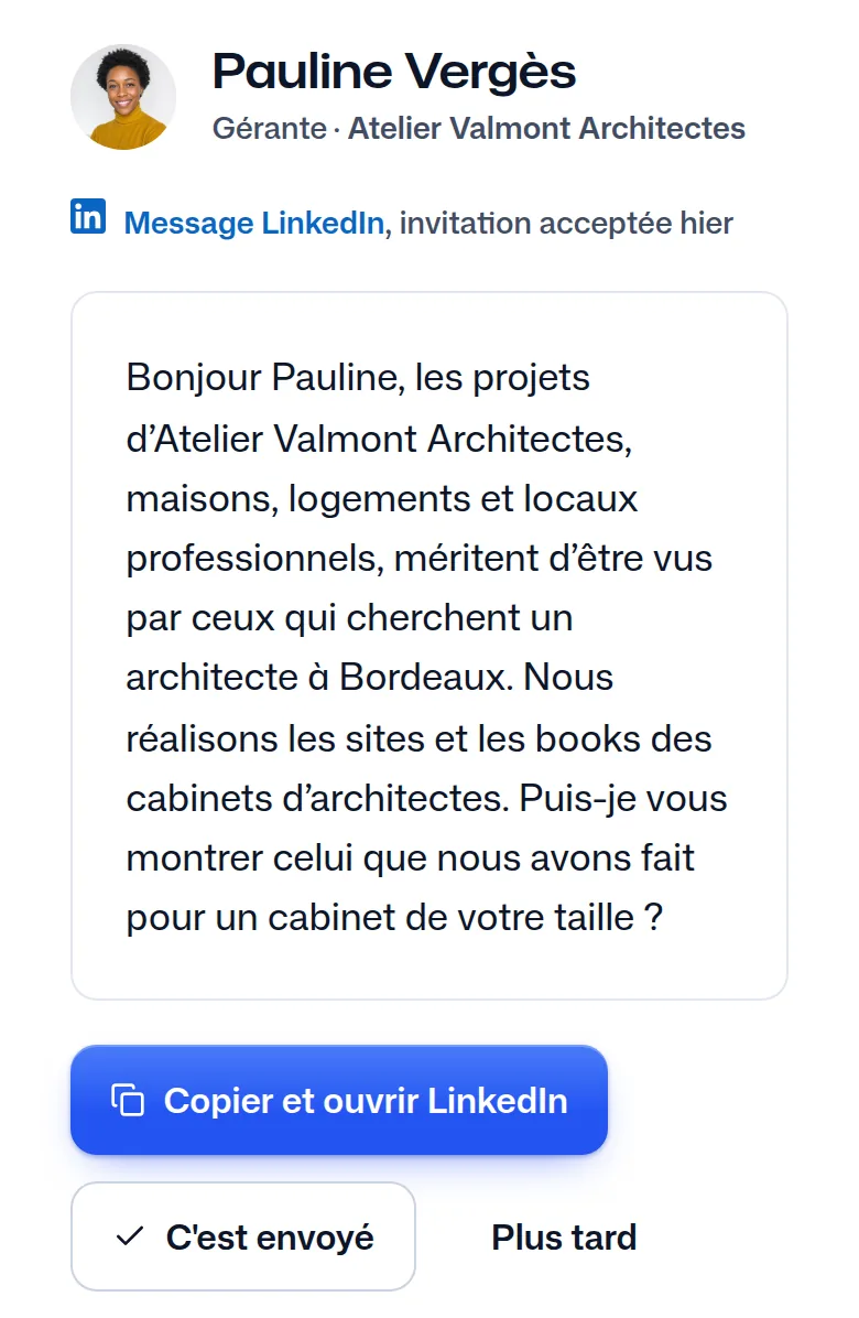 Le message écrit pour Pauline Vergès à partir du modèle de l'agence.