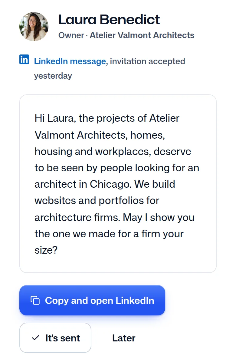 The message written to Laura Benedict from the agency's template.