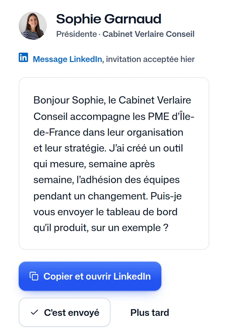 Le message écrit pour Sophie Garnaud à partir de votre modèle.
