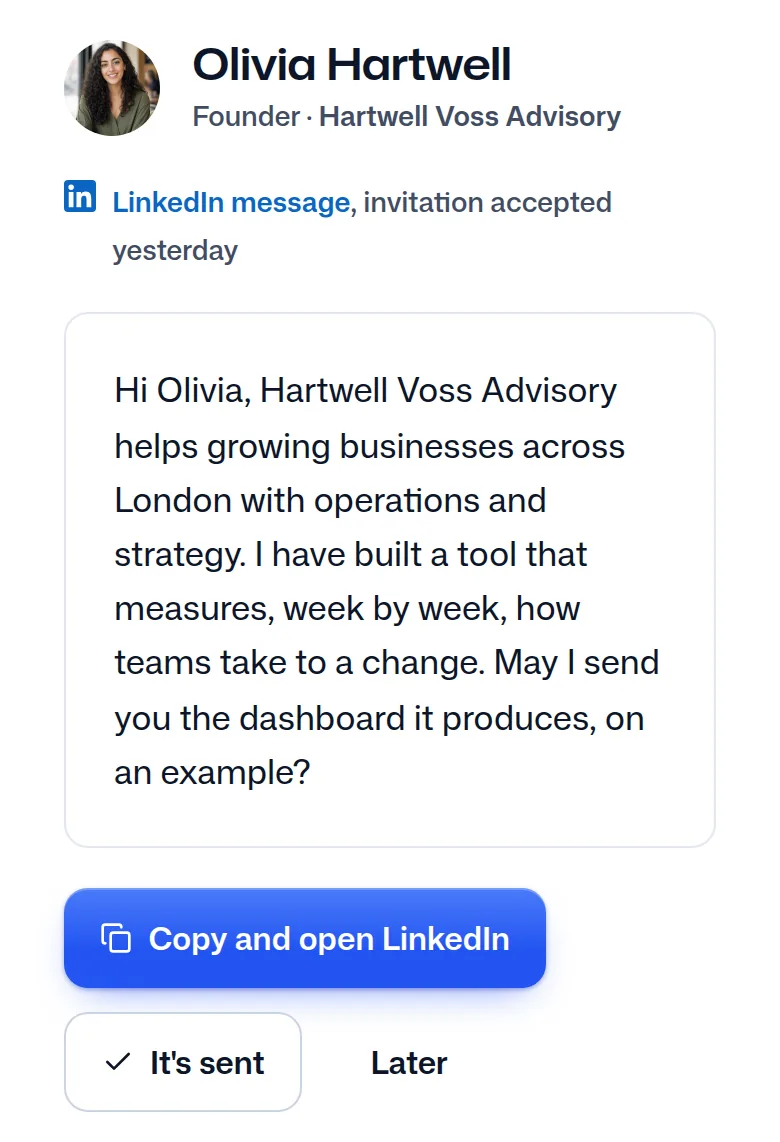 The message written for Olivia Hartwell from your template.