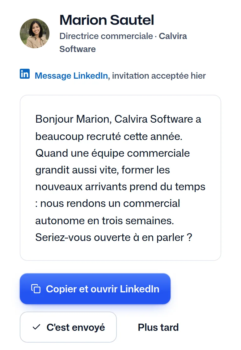 Le message écrit pour Marion Sautel à partir du modèle de l'utilisateur.