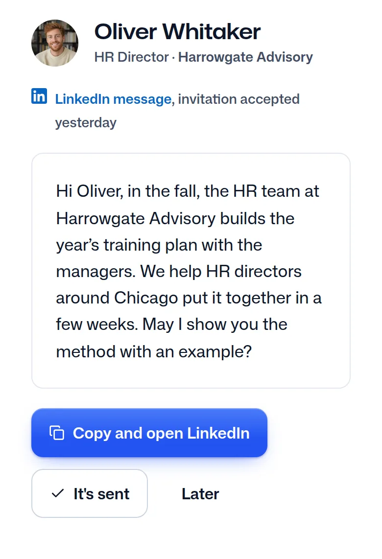 The message written for Oliver Whitaker from the team's template.