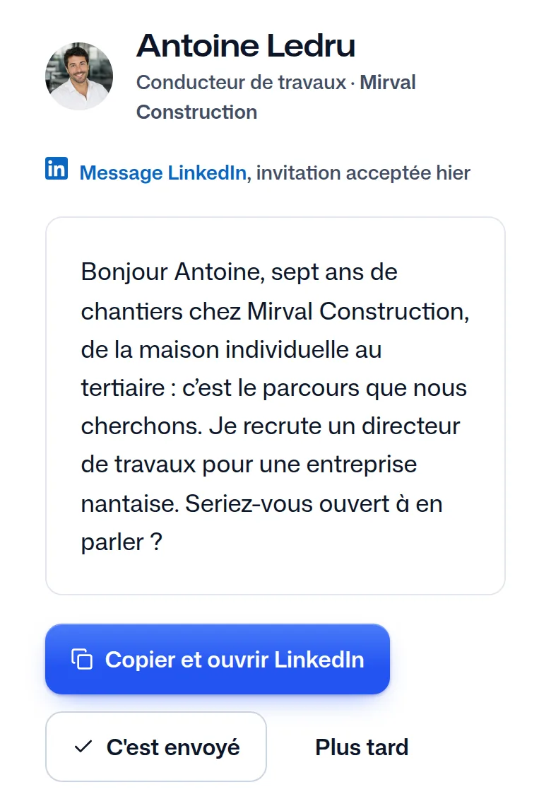 Le message écrit pour Antoine Ledru à partir du modèle du recruteur.