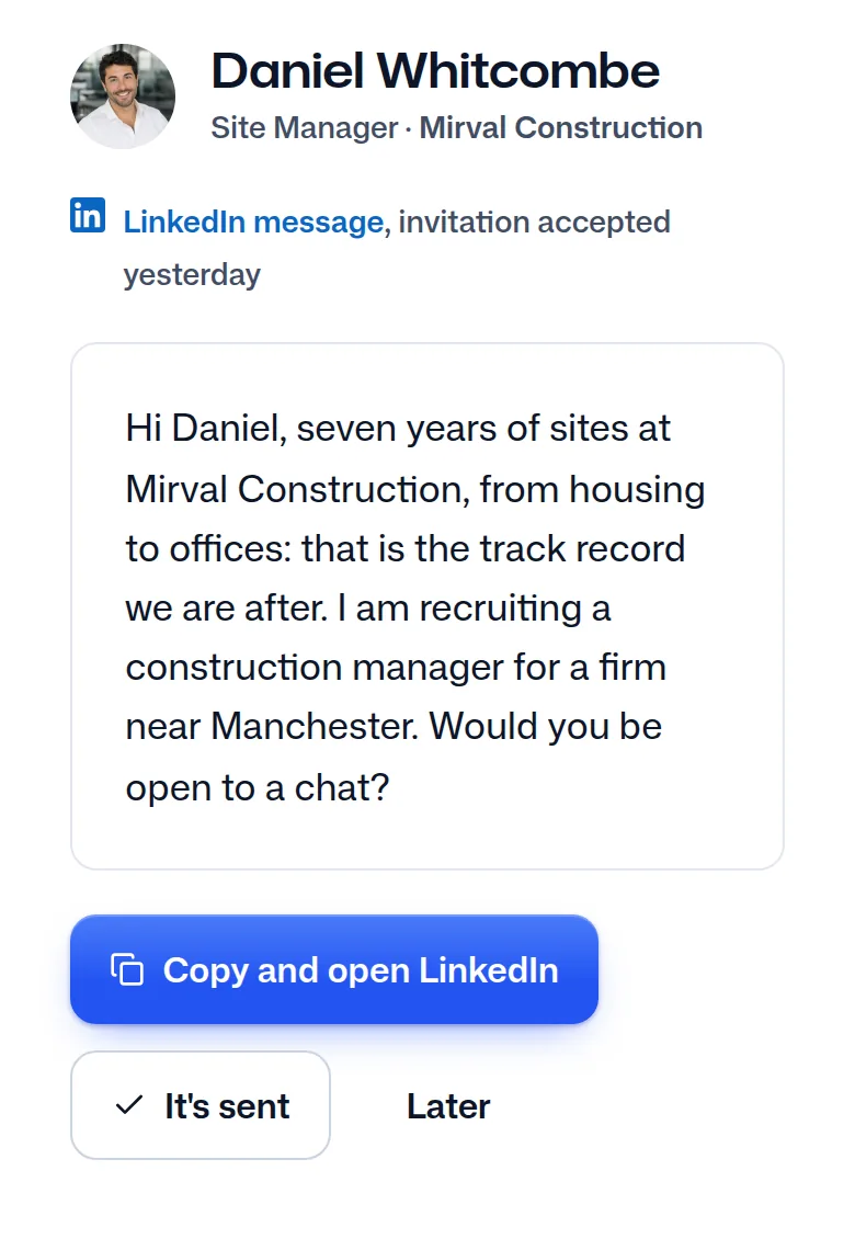 The message written for Daniel Whitcombe from the recruiter's template.