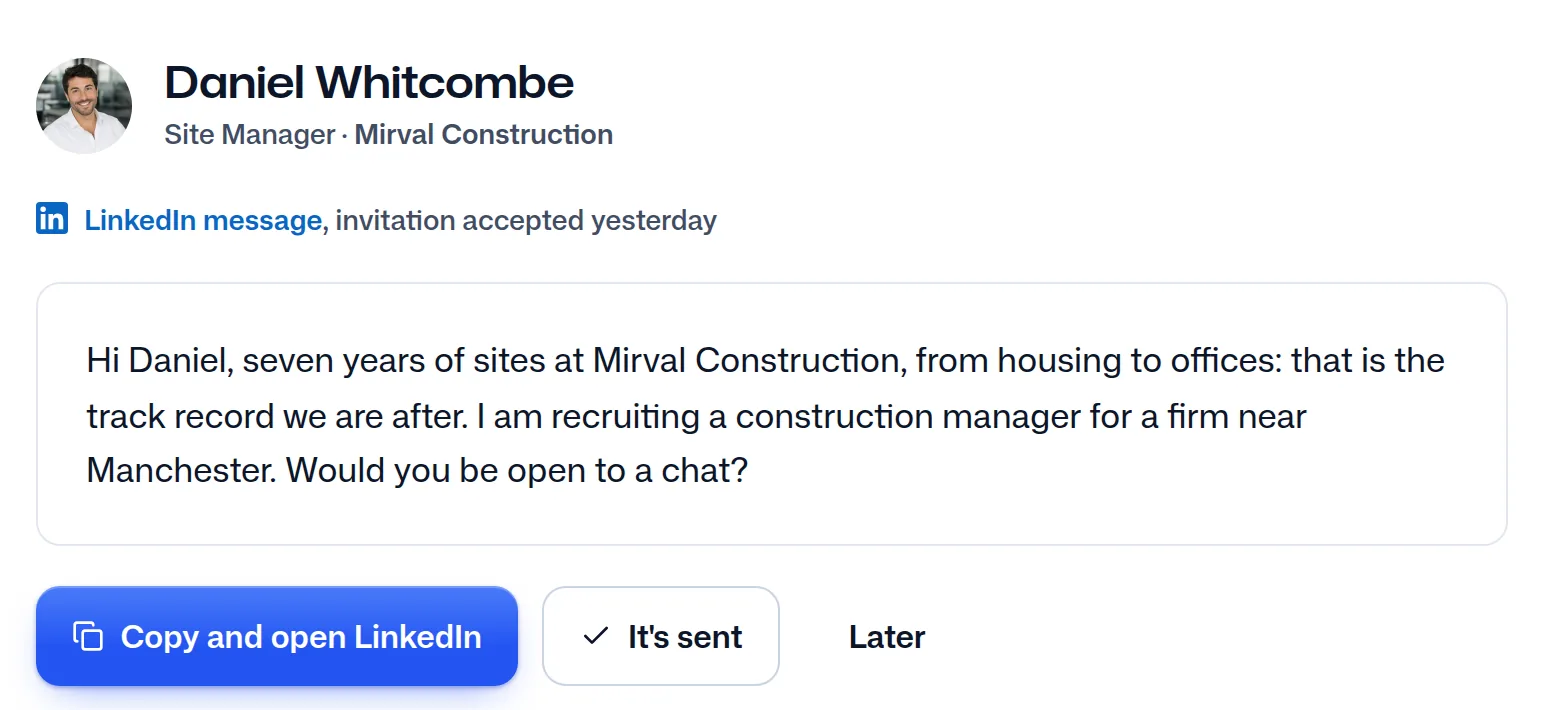 The message written for Daniel Whitcombe from the recruiter's template.