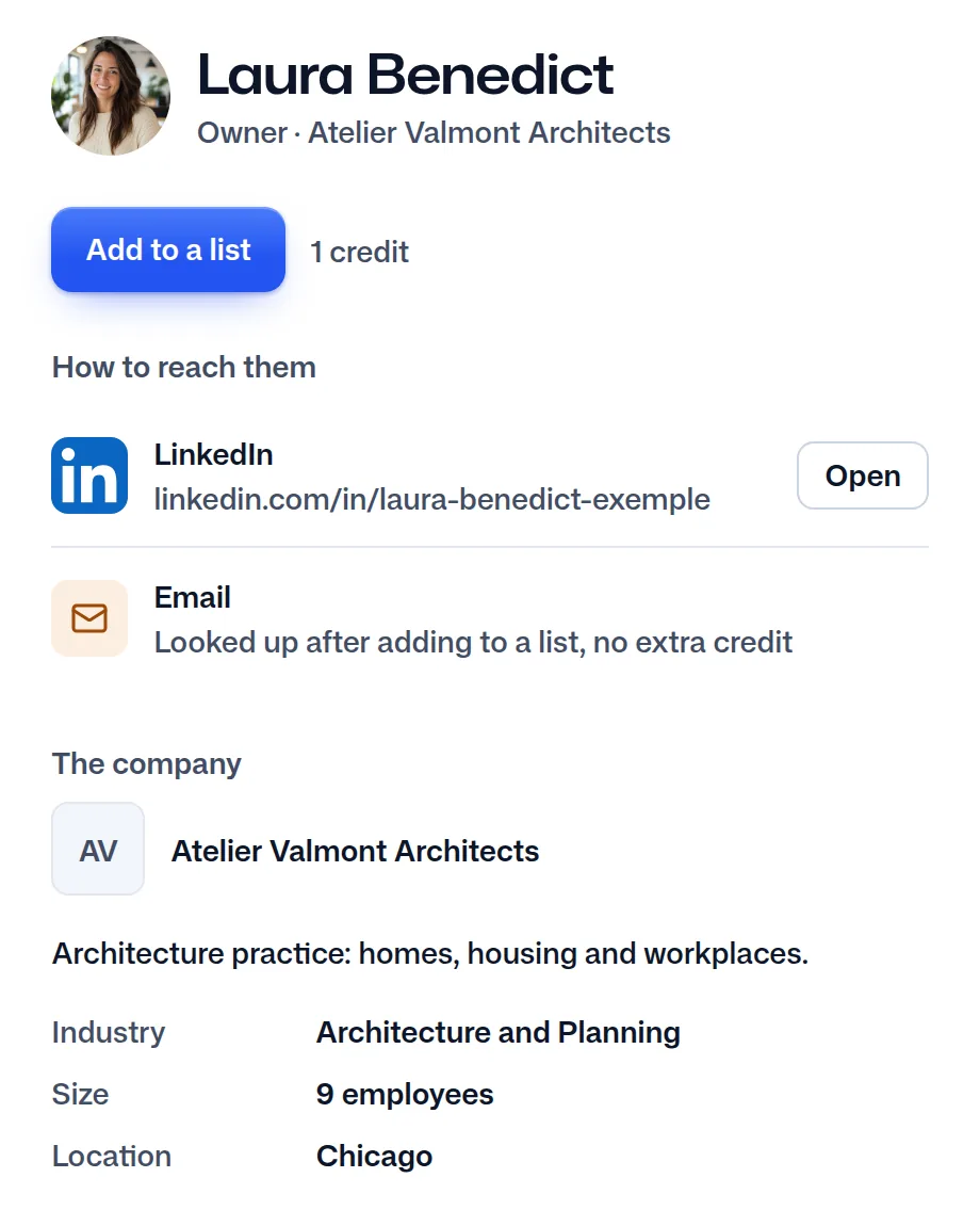 Laura Benedict in FindMyLead: her role, her firm and her LinkedIn profile.