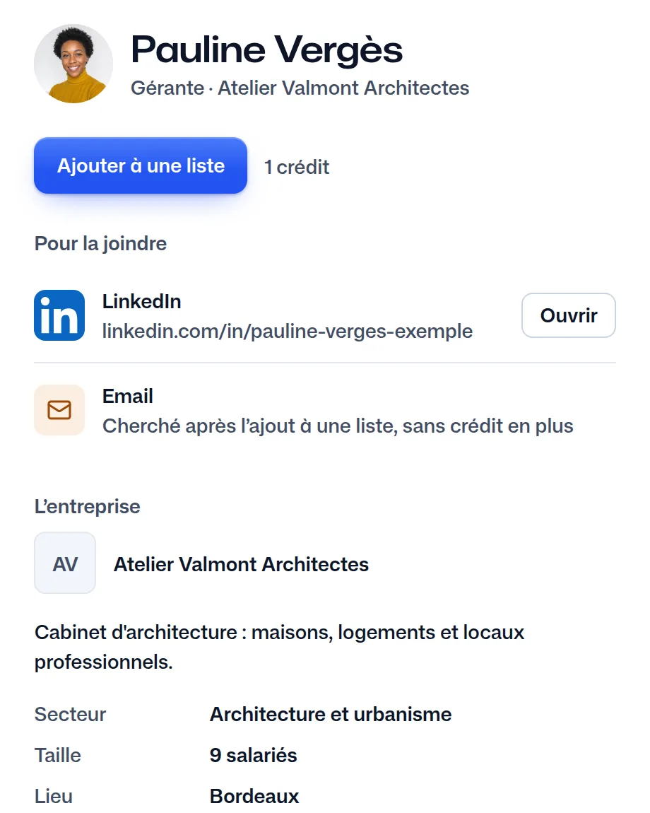 Pauline Vergès dans FindMyLead : son poste, son cabinet et son LinkedIn.