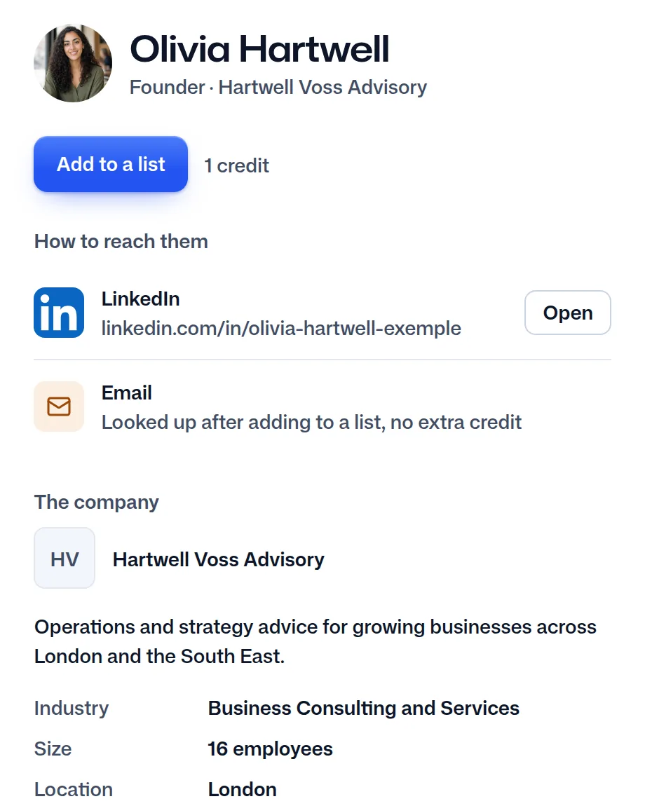 Olivia Hartwell's record in FindMyLead: her job, her firm and her LinkedIn profile.