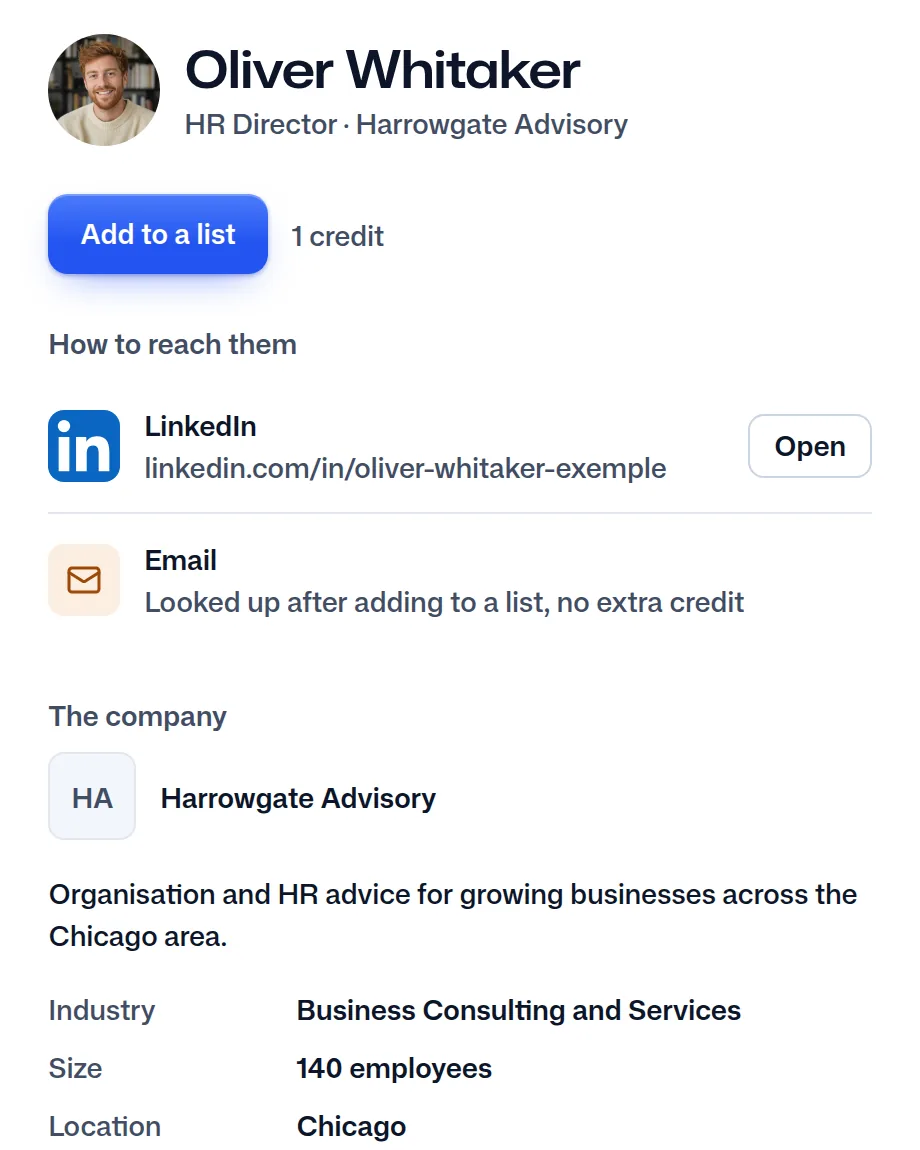 Oliver Whitaker's record in FindMyLead: his job, his company and his LinkedIn profile.