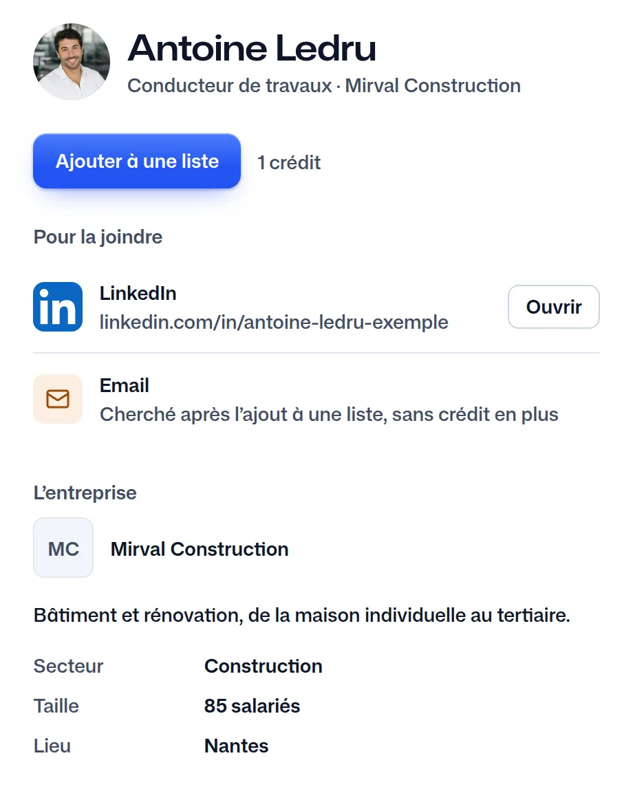 Antoine Ledru dans FindMyLead : son poste, son entreprise et son LinkedIn.