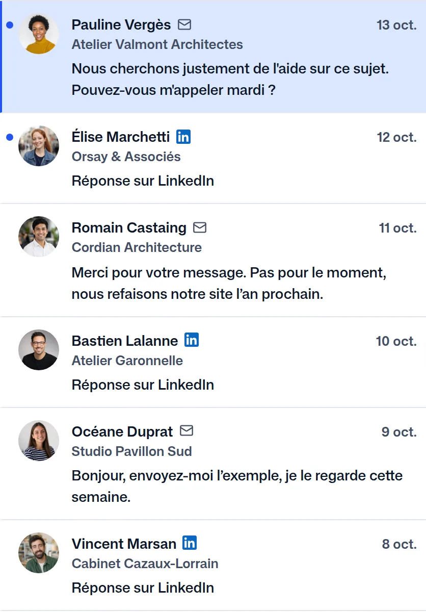 Les réponses dans FindMyLead, celle de Pauline Vergès en premier.