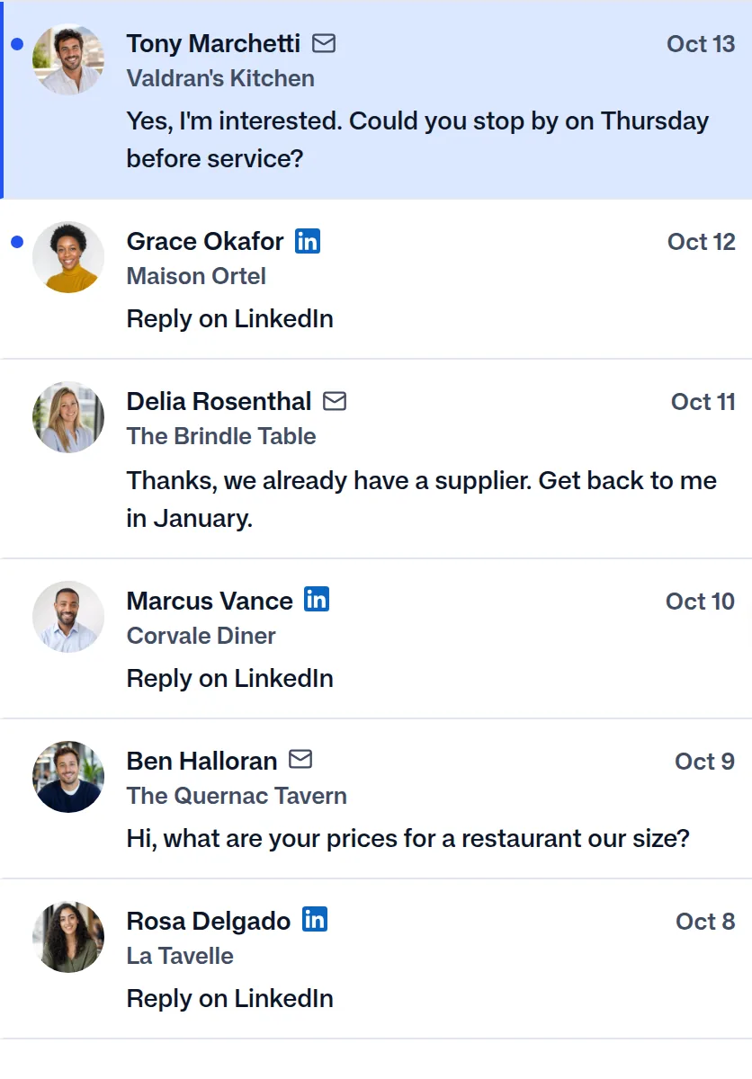 The replies in FindMyLead, Tony Marchetti's first.