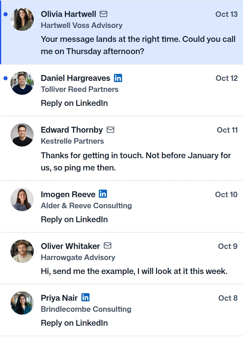 The replies in FindMyLead, Olivia Hartwell's first.