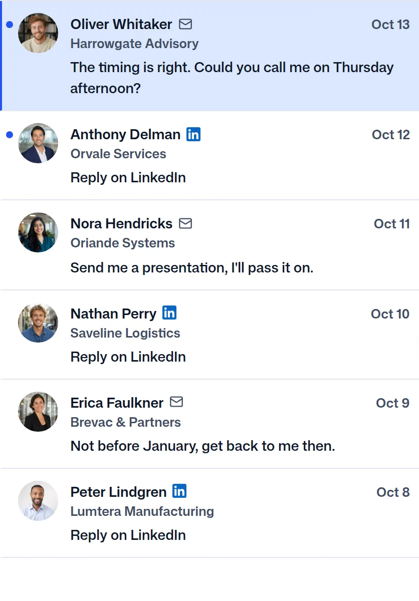 The team's replies in FindMyLead, Oliver Whitaker's first.