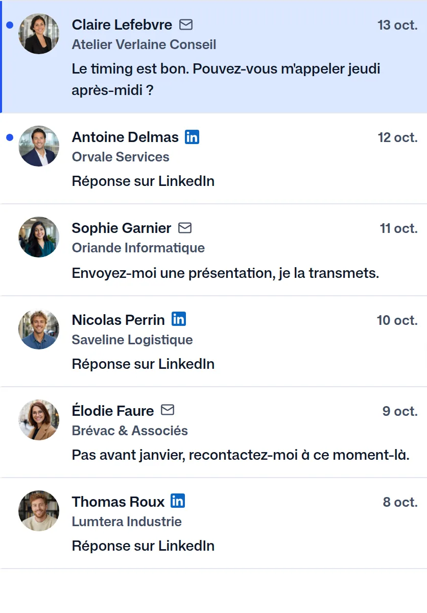 Les réponses de l'équipe dans FindMyLead, celle de Claire Lefebvre en premier.